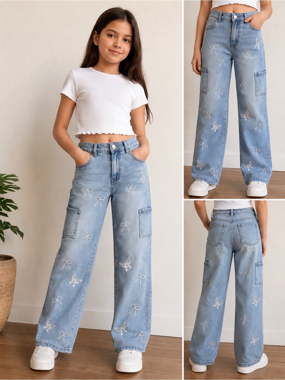 Girls Light Blue Embroidered Wide-Leg Jeans